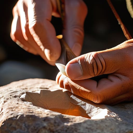Flintknapping conchoidal fracture on ancient stone edges.